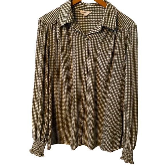 Max Studio Tops - MAX STUDIO Womens Green Gingham Button Down Shirt Long Sleeve Ruffle Cuff Size M